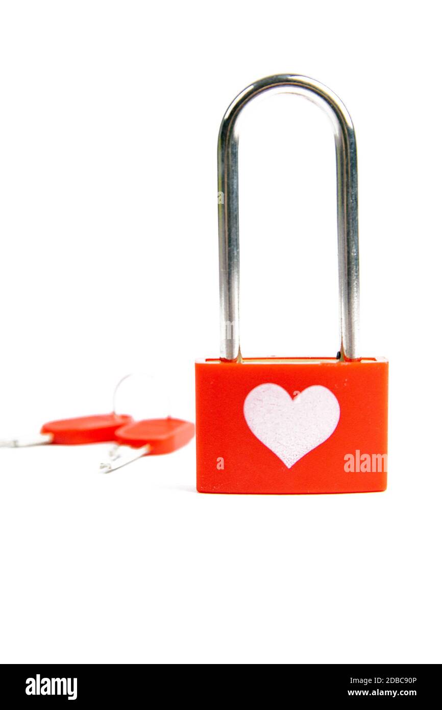 Red lock with drawing heart and key isolated on white background Stock ...