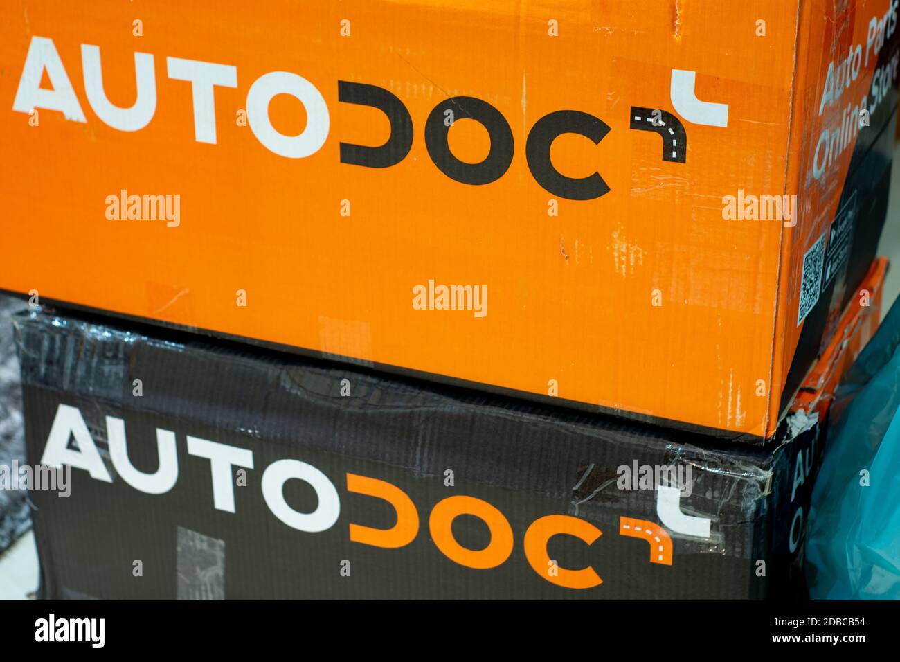 Online car parts purchased delivered box from autodoc Stock Photo