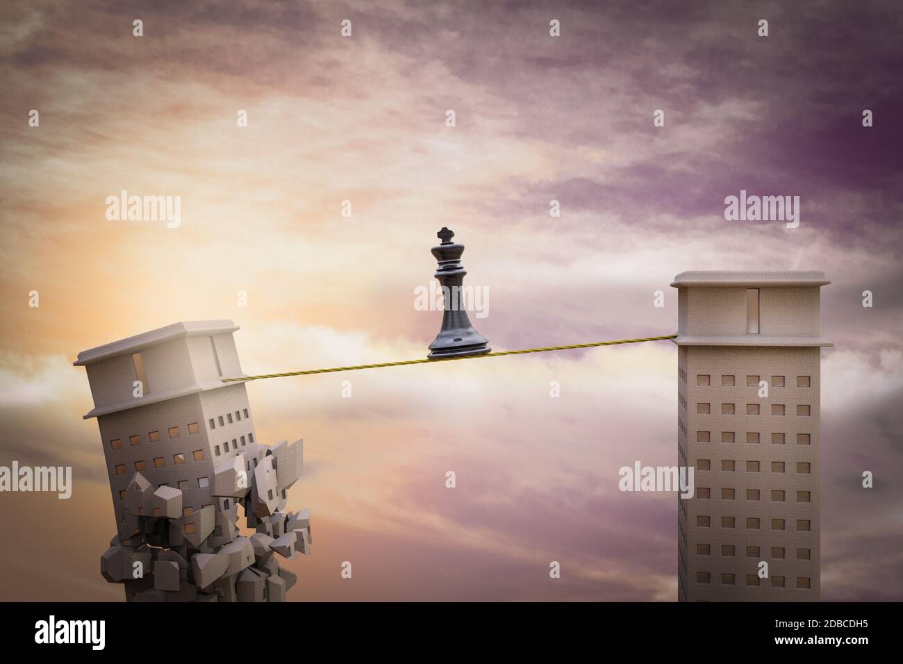 King black chess balance on a rope with one skyscraper ready to ...
