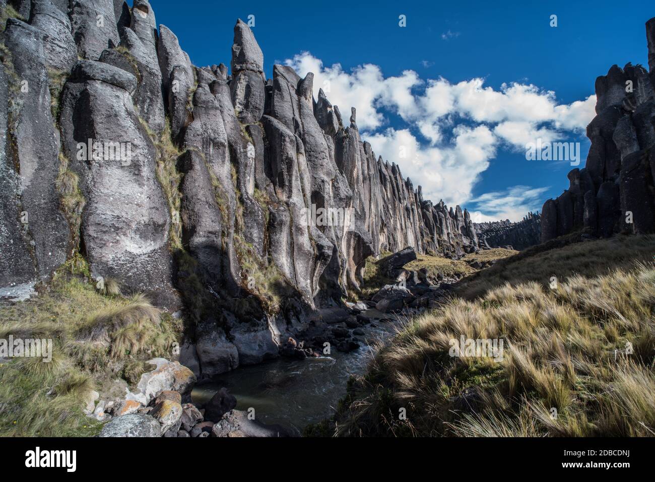 A dramatic and unusual Andean landscape with impressive rock formations high in the Andes mountains. Stock Photo
