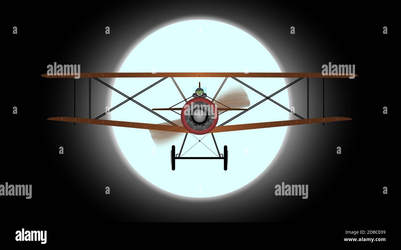 A WWI RFC fighter plane flying against the full moon. Stock Photo