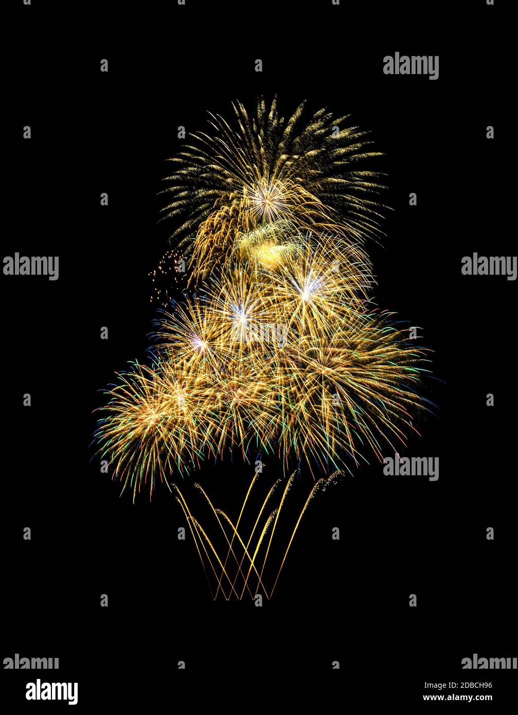Beautiful colorful fireworks exploding in the night sky, isolated on black background. New year and anniversary concept. Stock Photo