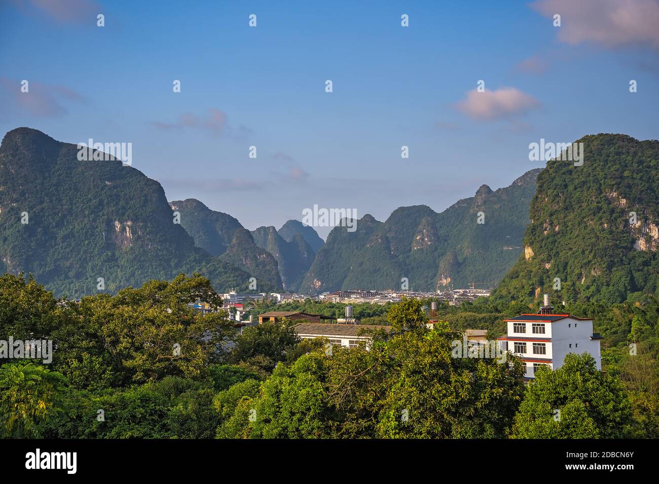 Beautiful green, lush and dense karst mountain landscape in Yangshuo, Guangxi Province, China Stock Photo
