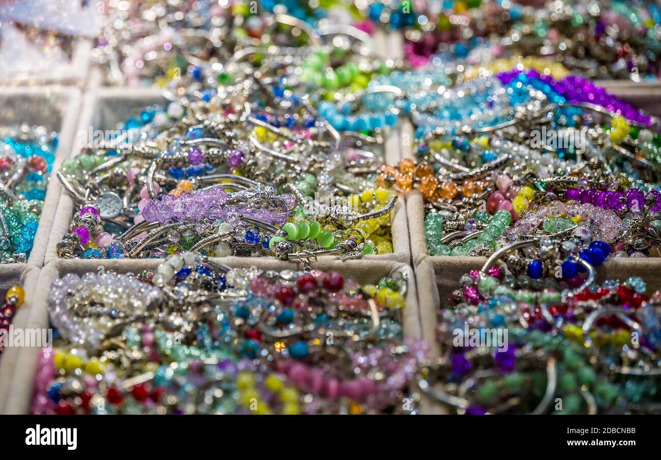 A selective focus shot of assorted bracelets Stock Photo