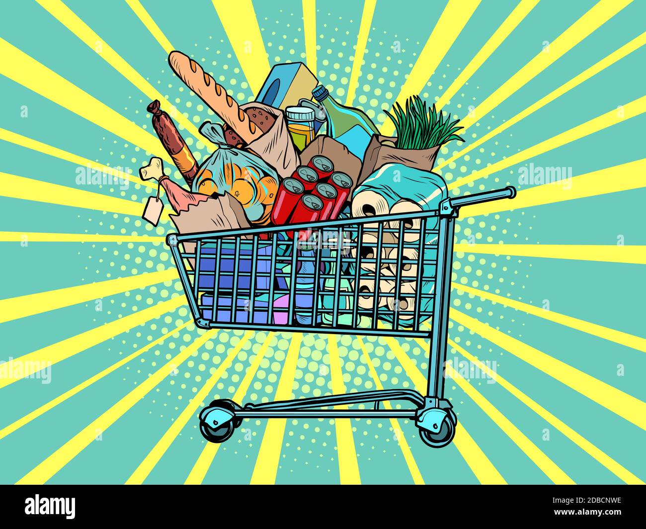 a grocery cart full of purchases. Pop art retro vector illustration