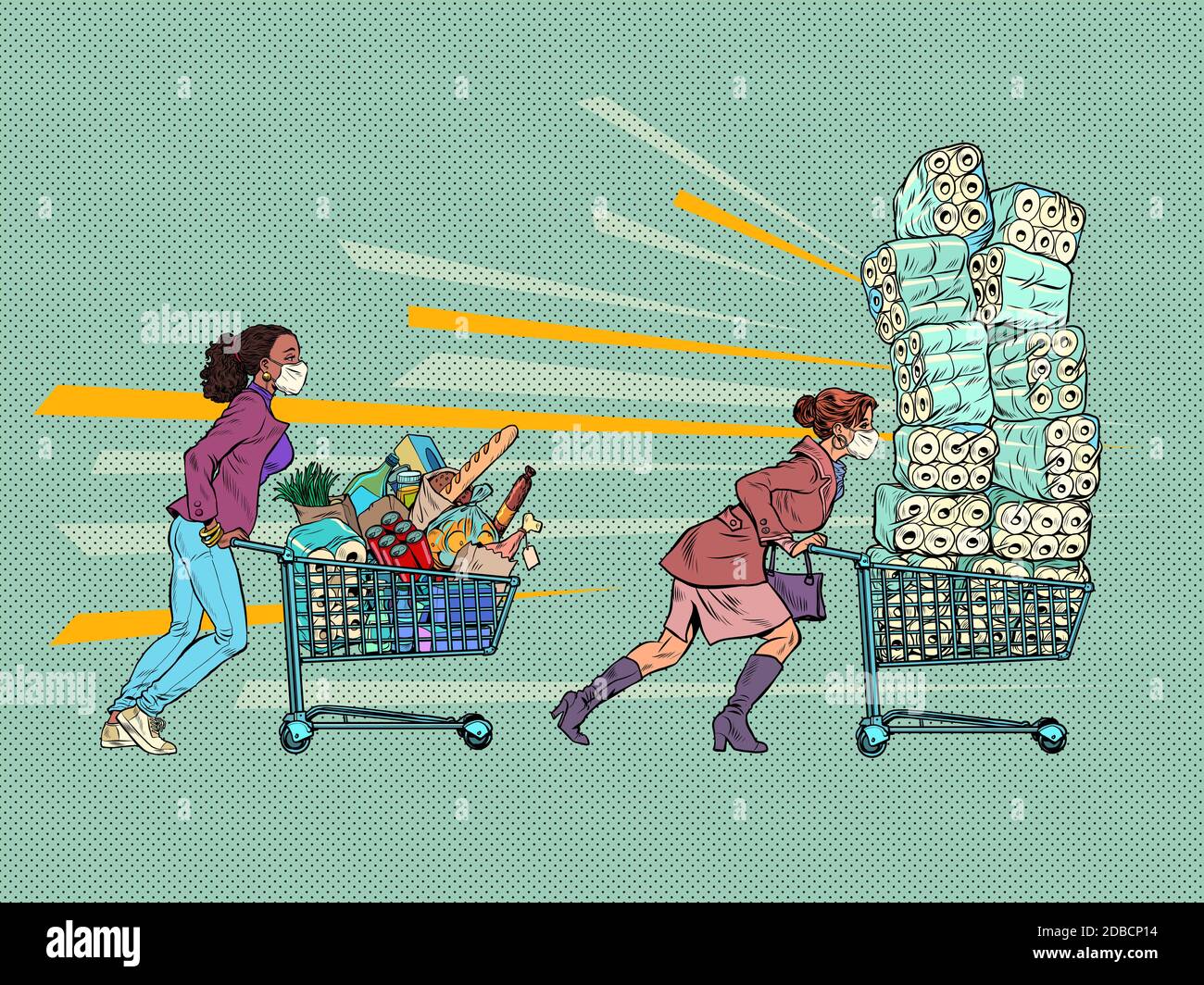 panic epidemic masked women in a supermarket. Pop art retro vector illustration kitsch vintage 50s 60s style Stock Photo