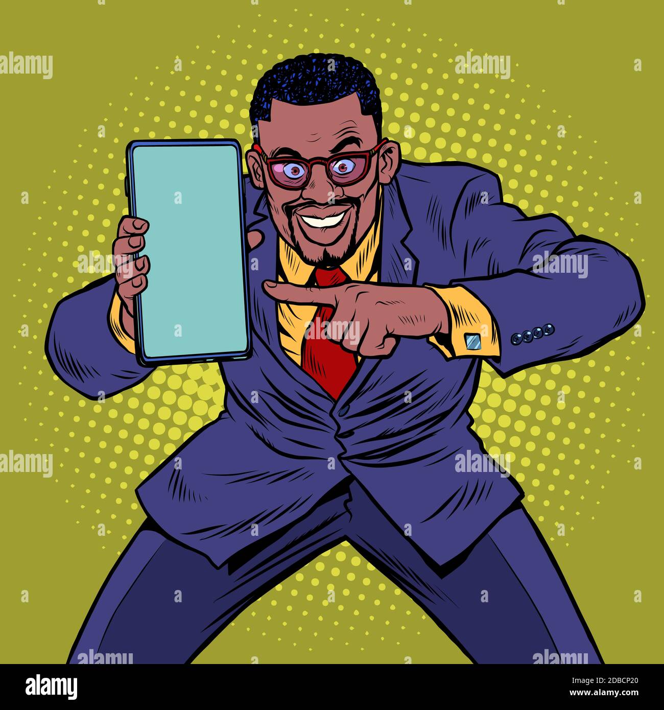 african businessman shows on smartphone. Mobile technologies and new  gadgets. Pop art retro vector illustration kitsch vintage 50s 60s style  Stock Photo - Alamy