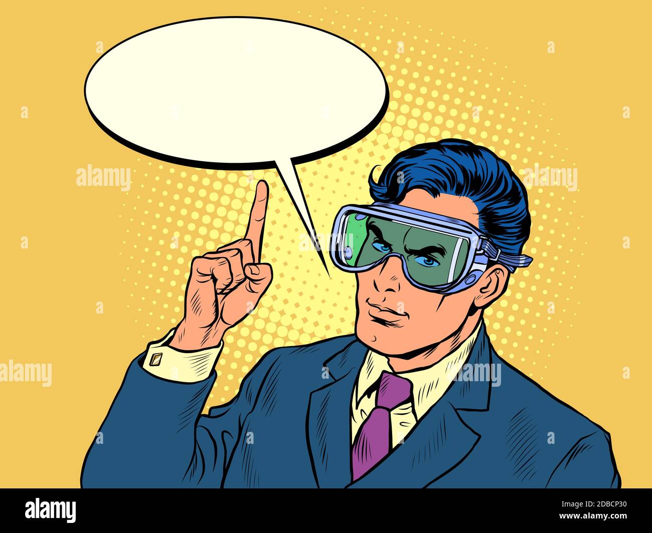 Businessman in a mask that protects his eyes. Pop art retro vector