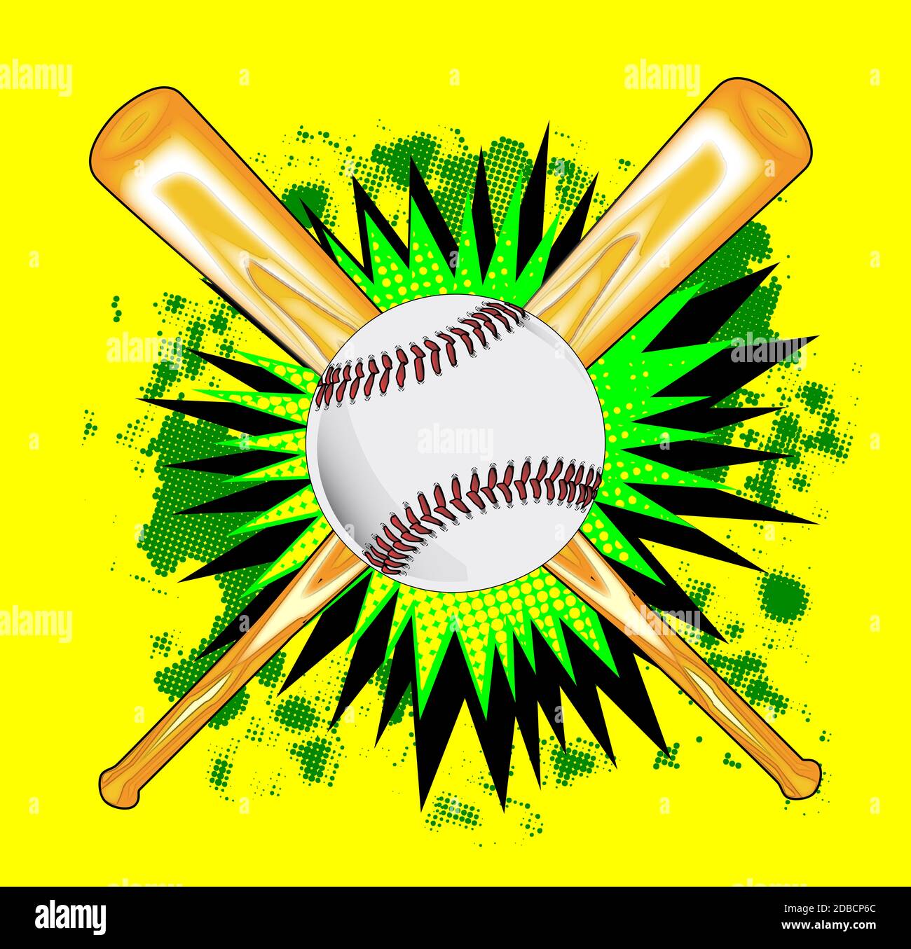 A baseball bat and ball with green comic book splash set upon a white