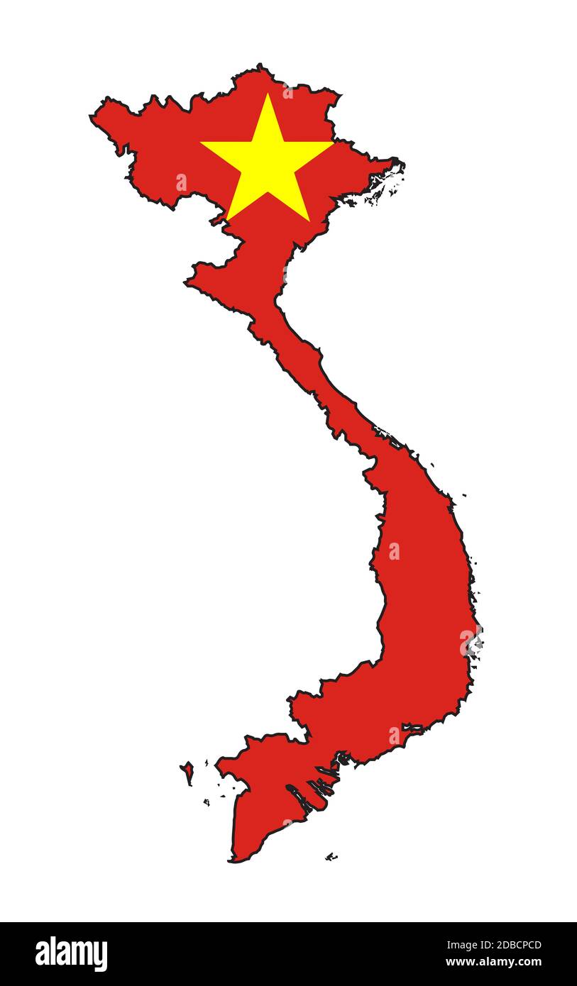 Outline map of Vietnam with flag icon isolated over a white background ...