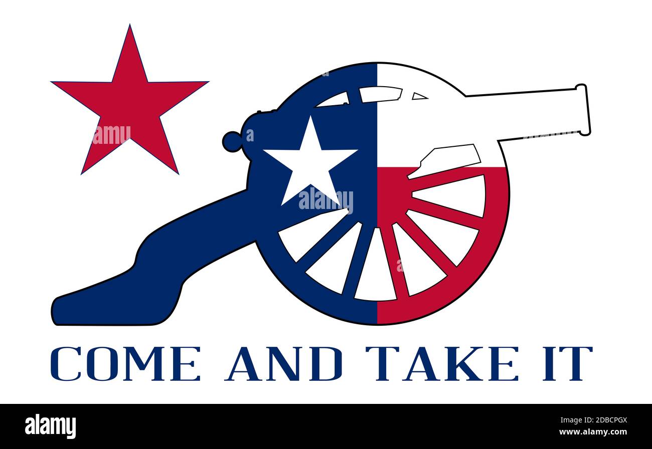 Typical American civil war cannon gun with Texas flag isolated on a white background with the text Come and Take It Stock Photo