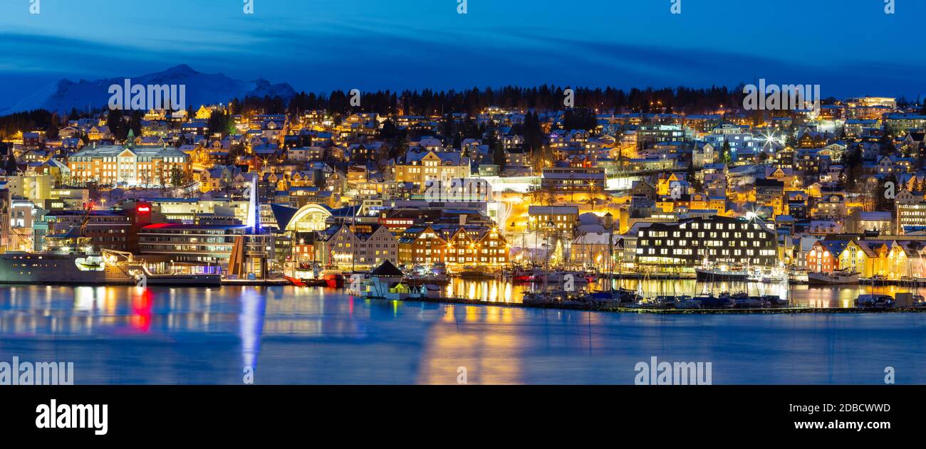 Panoramic view on Tromso By Polar Night,  Winter Time, Christmas in Tromso, Norway Stock Photo