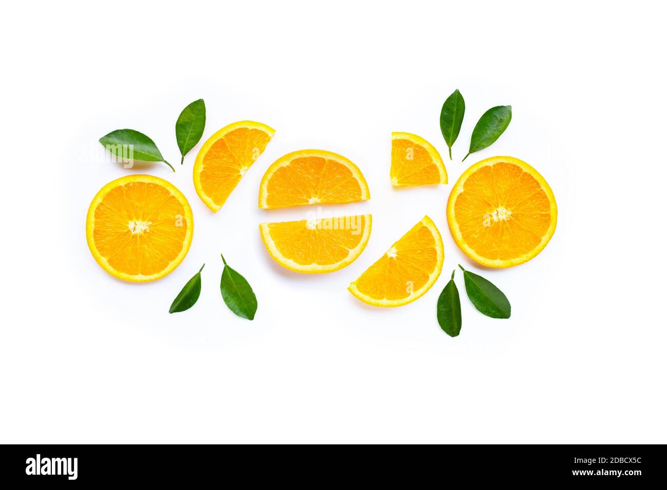 High vitamin C. Fresh orange citrus fruit with leaves isolated on white