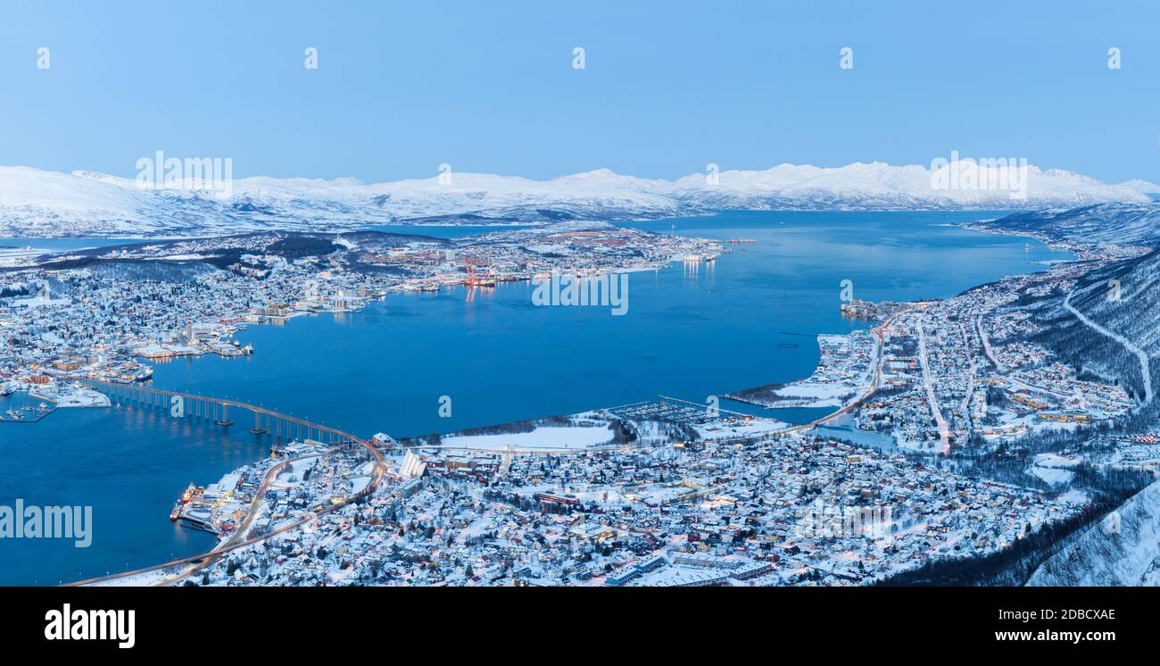 Panoramic view on Tromso, Norway, Tromso At Winter Time, Christmas in Tromso, Norway Stock Photo