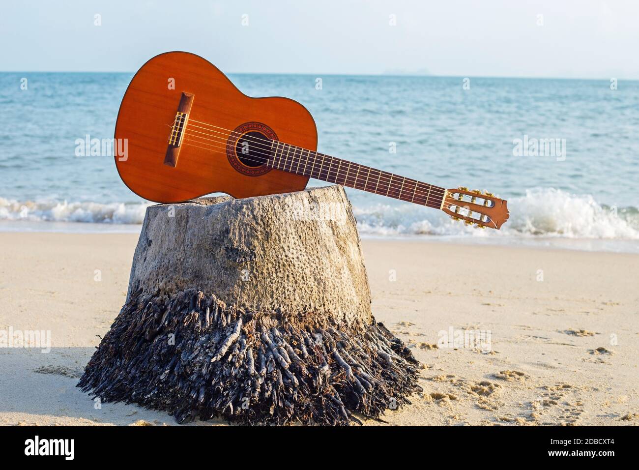 Guitar on sand beach In the beautiful sea summer Stock Photo