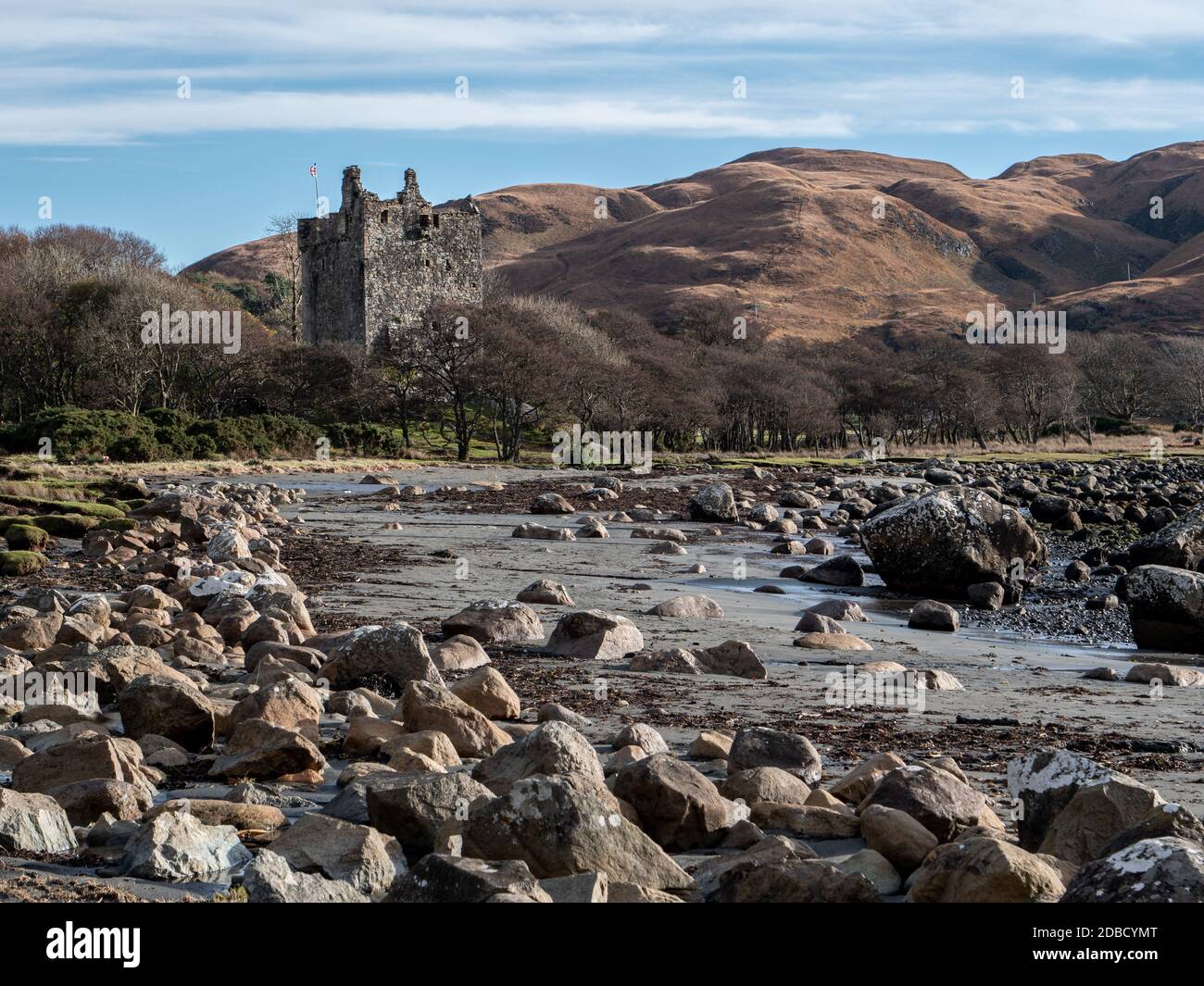 The ruins of Moy Castle in Lochbuie on The Isle of Mull which is contained within The Inner Hebrides Scotland UK Stock Photo