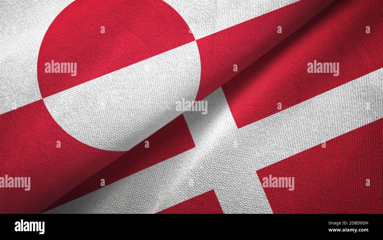Greenland and Denmark two flags textile cloth, fabric texture Stock