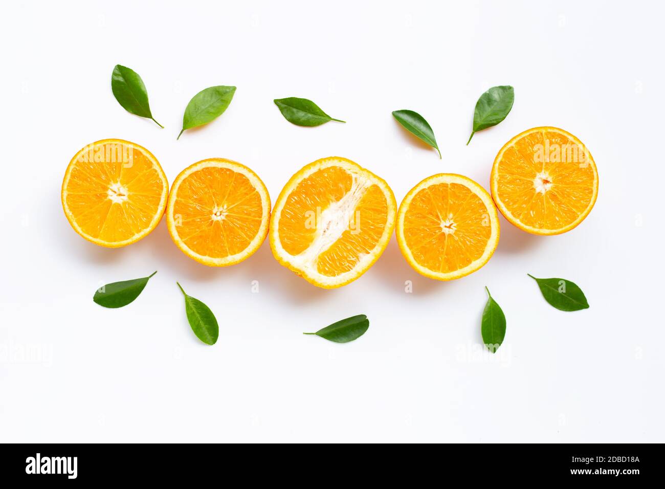 High vitamin C. Fresh orange citrus fruit with leaves isolated on white