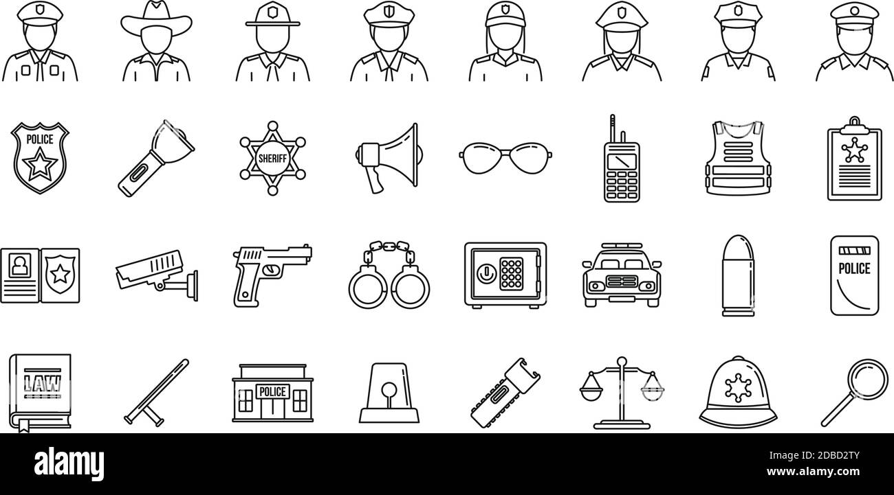 Guard policeman icons set, outline style Stock Vector