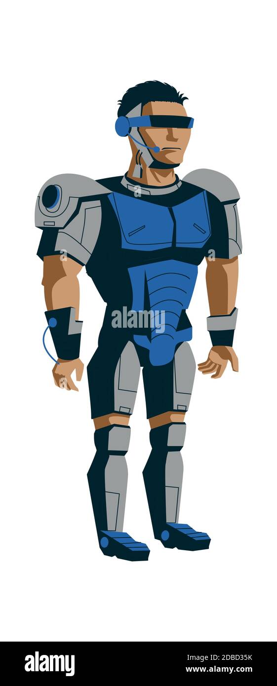Robot evolution, man in metal exoskeleton, artificial intelligence technological progress cartoon vector in blue color Robots development Stock Vector