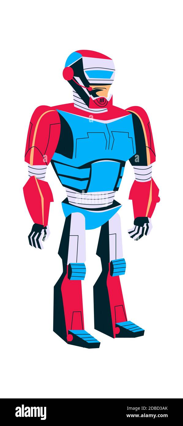 Robot evolution, man in metal exoskeleton, artificial intelligence technological progress cartoon vector in blue color Robots development Stock Vector