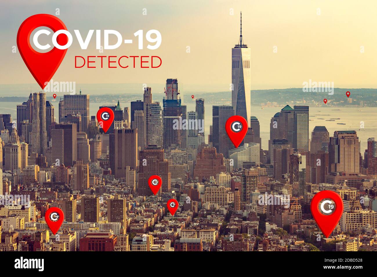 New York Coronavirus Outbreak Detection Location Mark Icon. Map pointer icon on panoramic background of New York. New York City aerial view. New York Stock Photo
