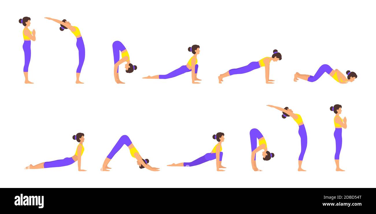 Surya namaskar A sun salutation yoga asanas sequence set vector ...