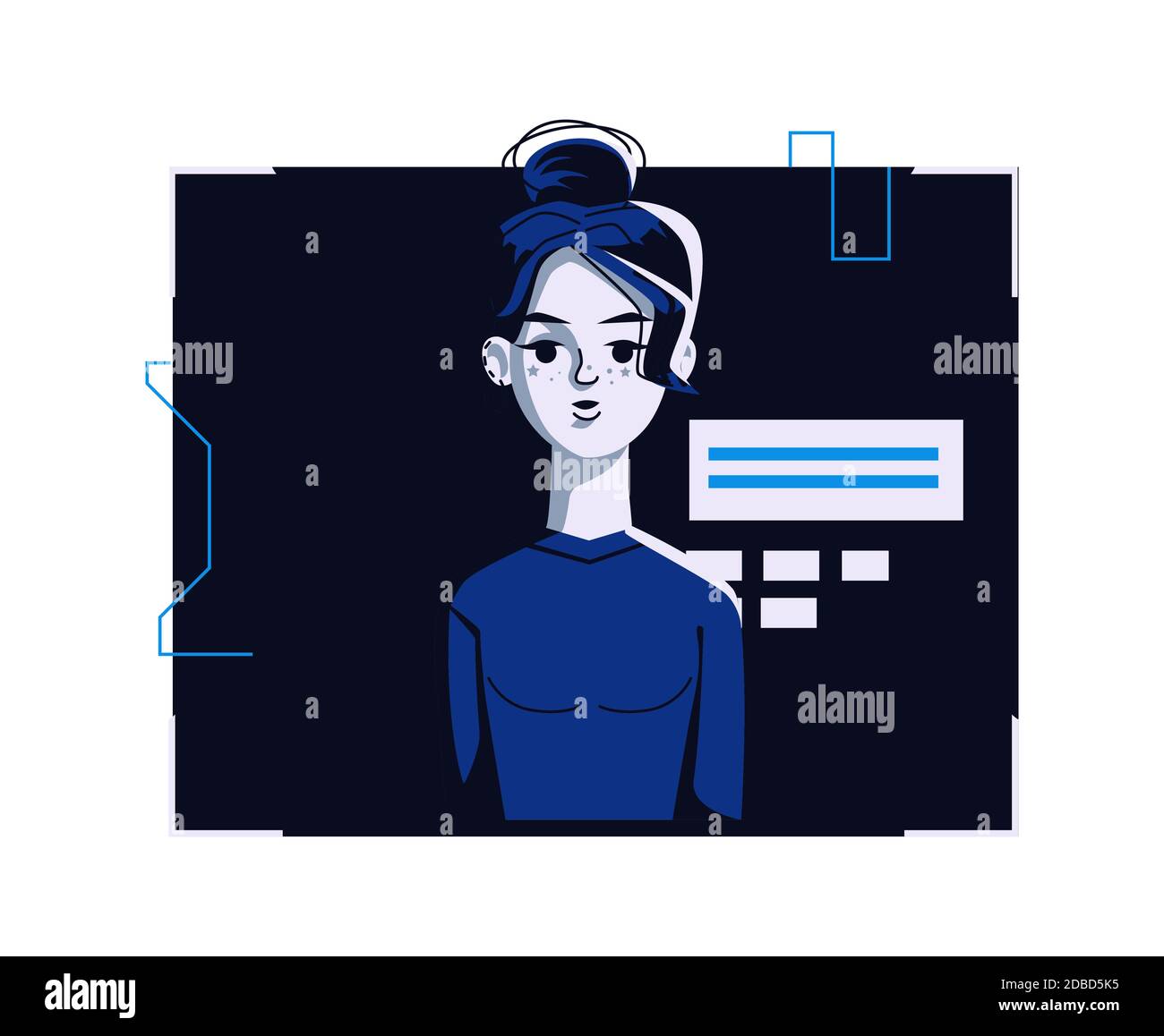 Modern people avatar in casual clothes, vector cartoon illustration. Woman with individual face and hair, in light digital frame on dark blue computer background, picture for web profile Stock Vector