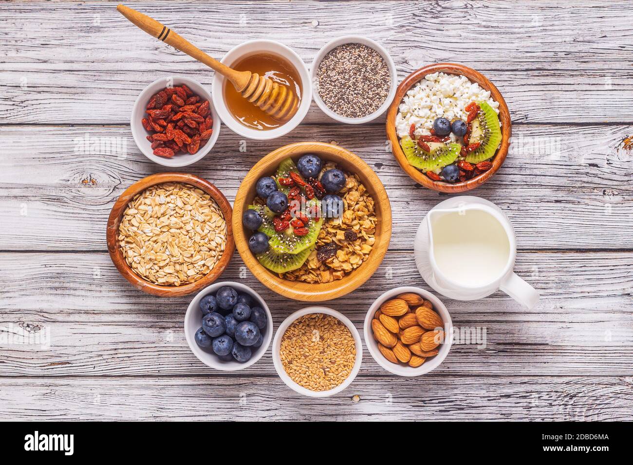 Healthy breakfast ingredients, top view, copy space. Stock Photo