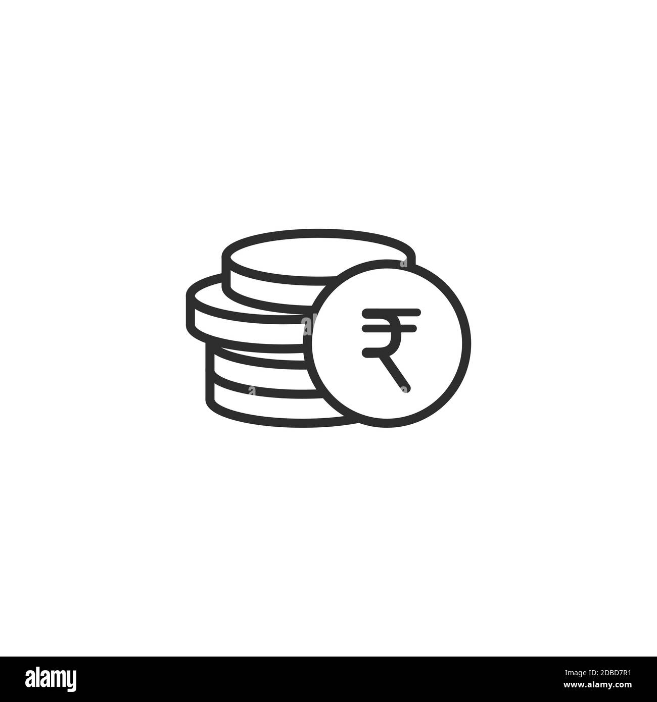 Stack of rupee coins with coin in front of it. Flat black line icon. Isolated on white. Economy, finance, money pictogram. Wealth symbol. Vector illus Stock Vector