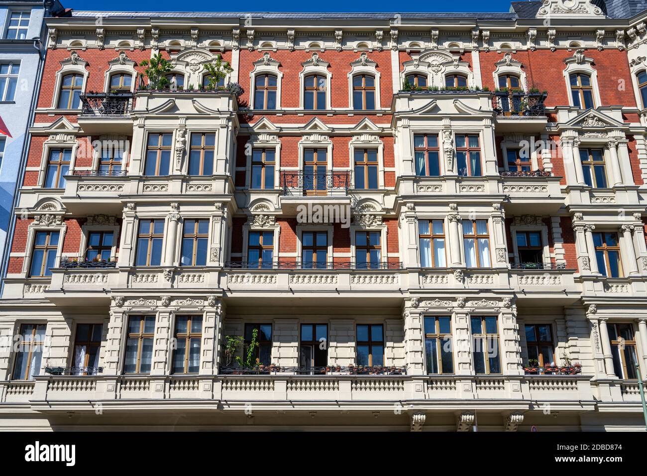 Facade of a renovated old apartment building seen in Berlin, Germany