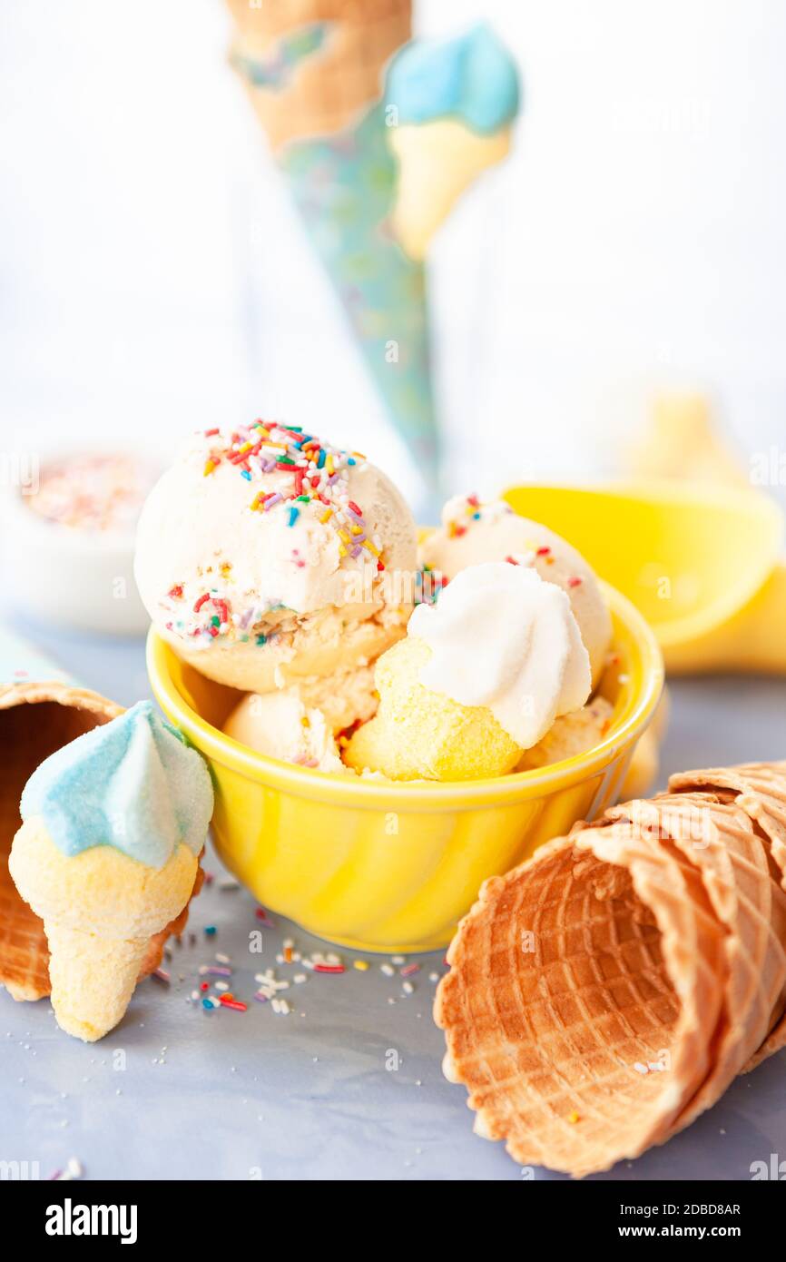 Scoops of vanilla ice cream with rainbow sprinkles Stock Photo Alamy
