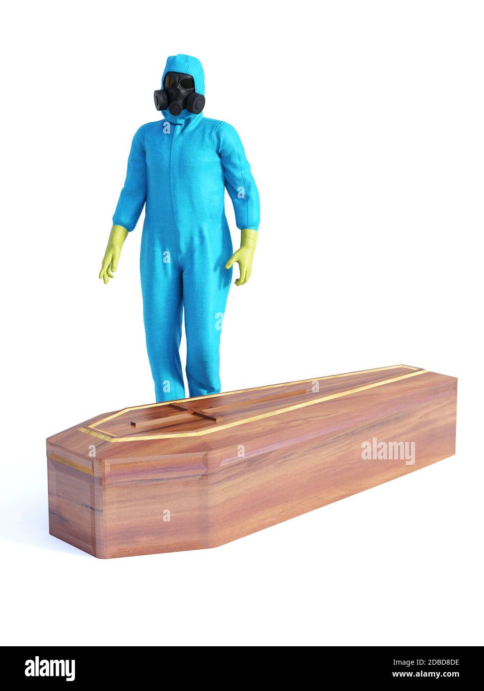 3D rendering of person wearing blue hazmat suit standing beside a coffin containing a Covid-19 victim. Virus corona outbreak! Stock Photo