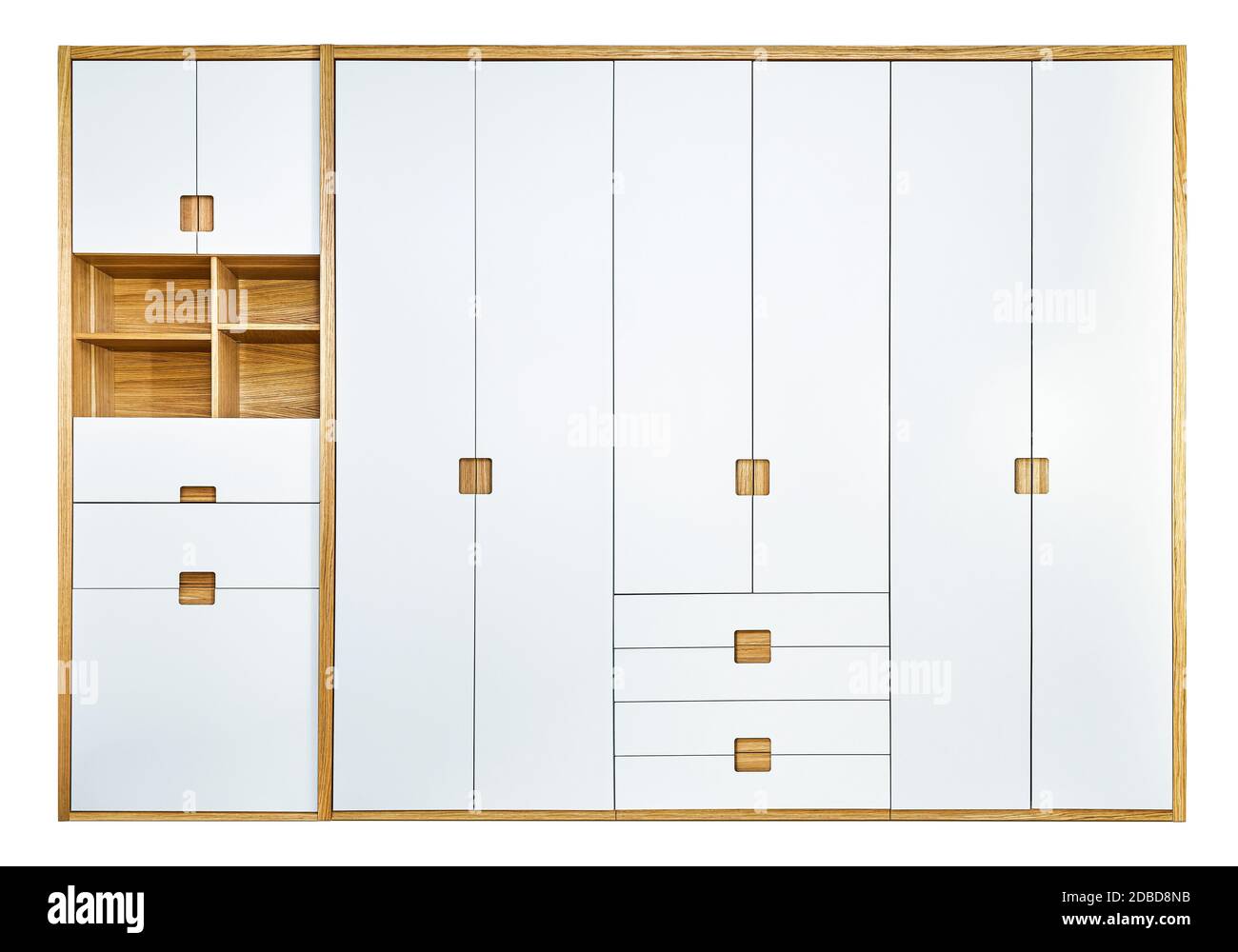 Modern wooden wardrobe with flat finger pull wardrobe doors isolated on white background. Oak veneered plywood cabinets with light gray painted cabine Stock Photo