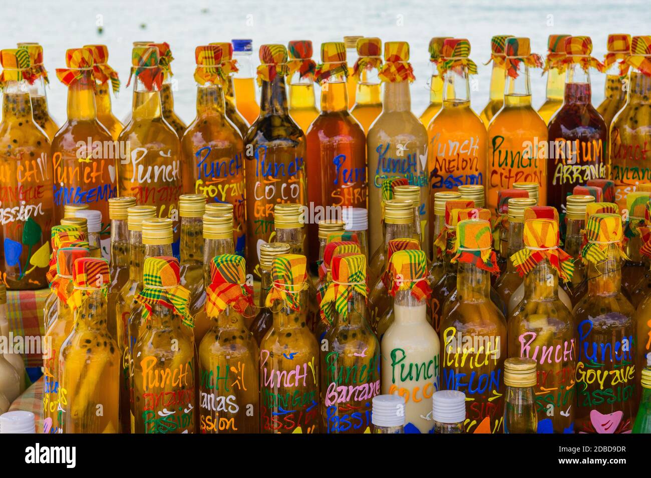 Sainte-Anne, Grande-Terre, Guadeloupe - November 8th, 2018: Arranged rum bottles on a local market Stock Photo