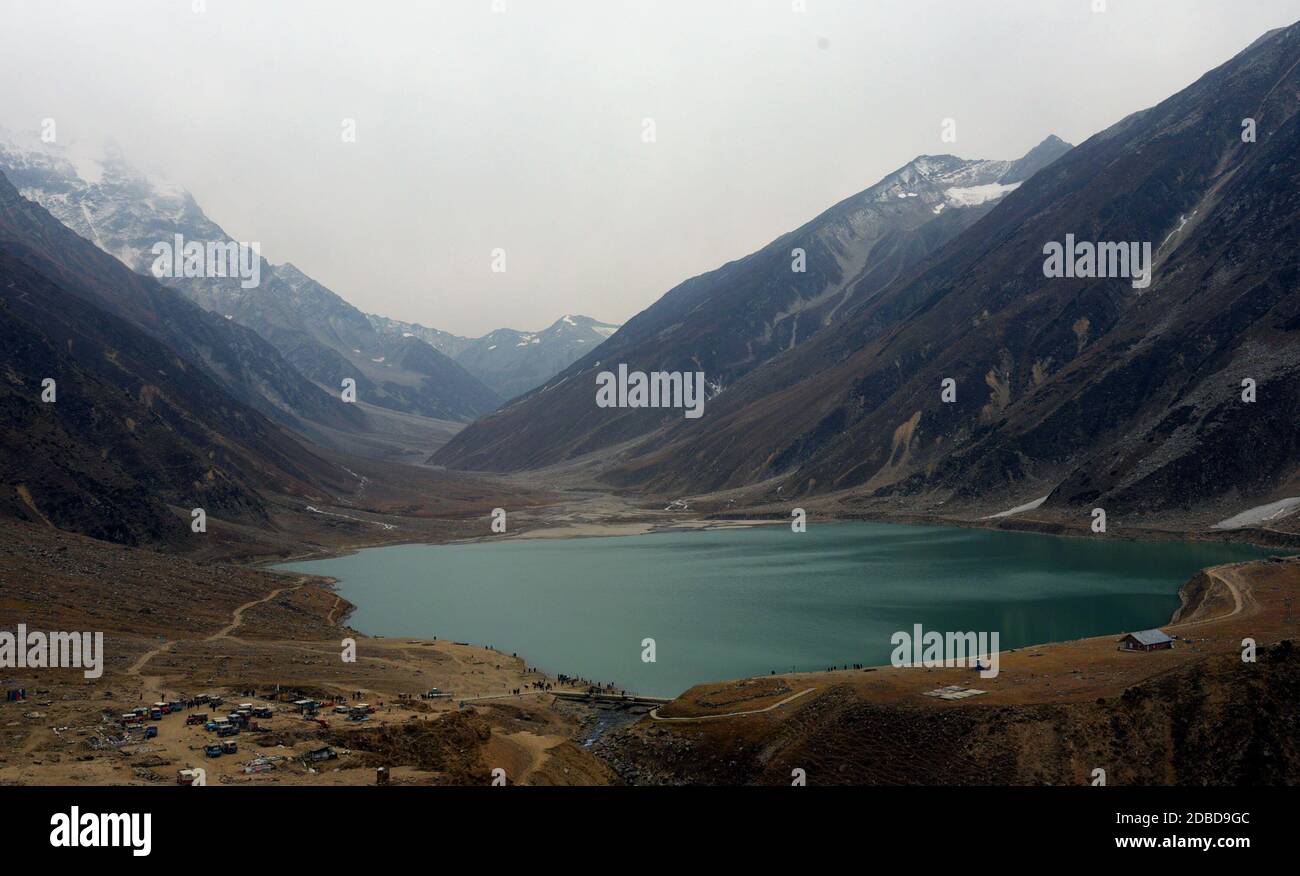 An attractive beautiful mesmerizing view of the Lake Saif Ul Malook located  about 8 kilometers (5 miles) north from the town of Naran in northern end  of Kaghan Valley, in District Mansehra,