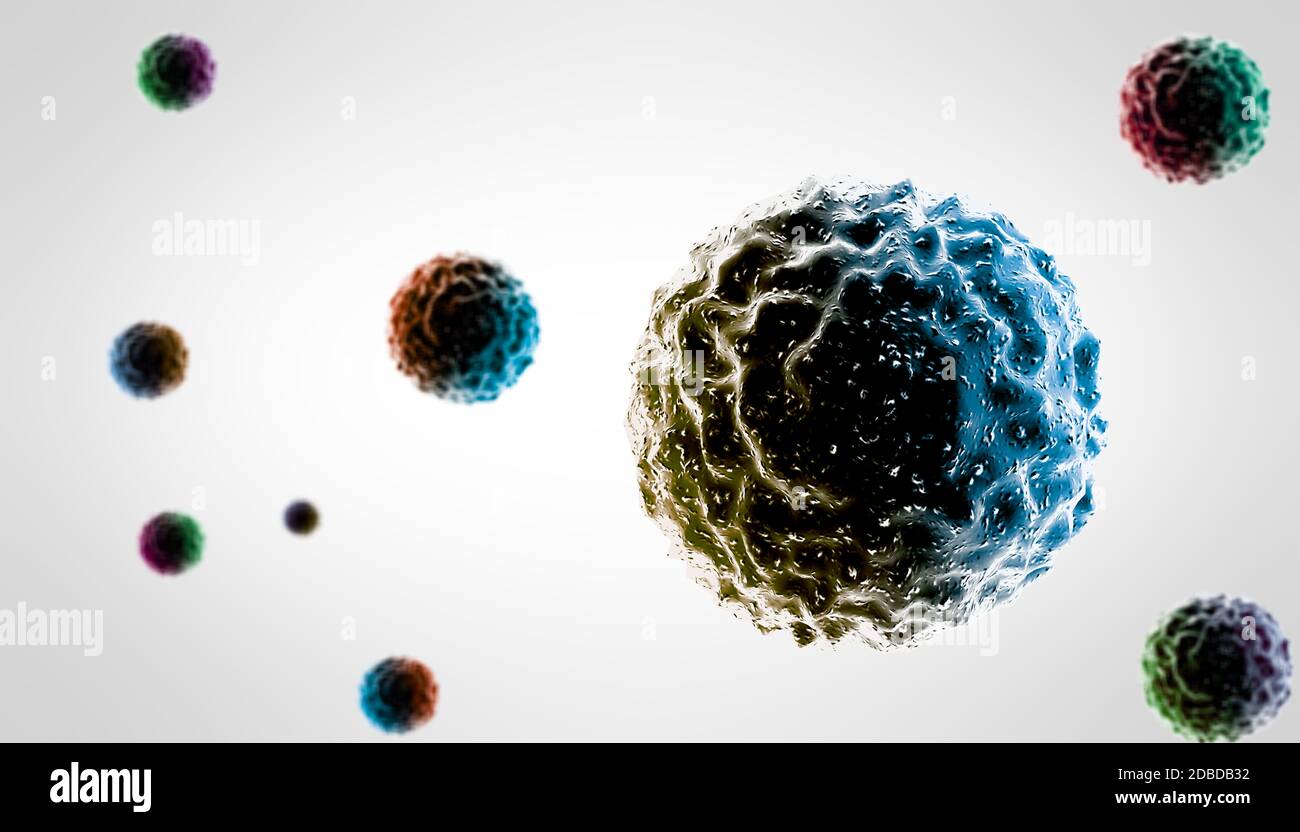 Flu Cell Model Microscopic view of influenza virus cells. 3D medical illustration ...