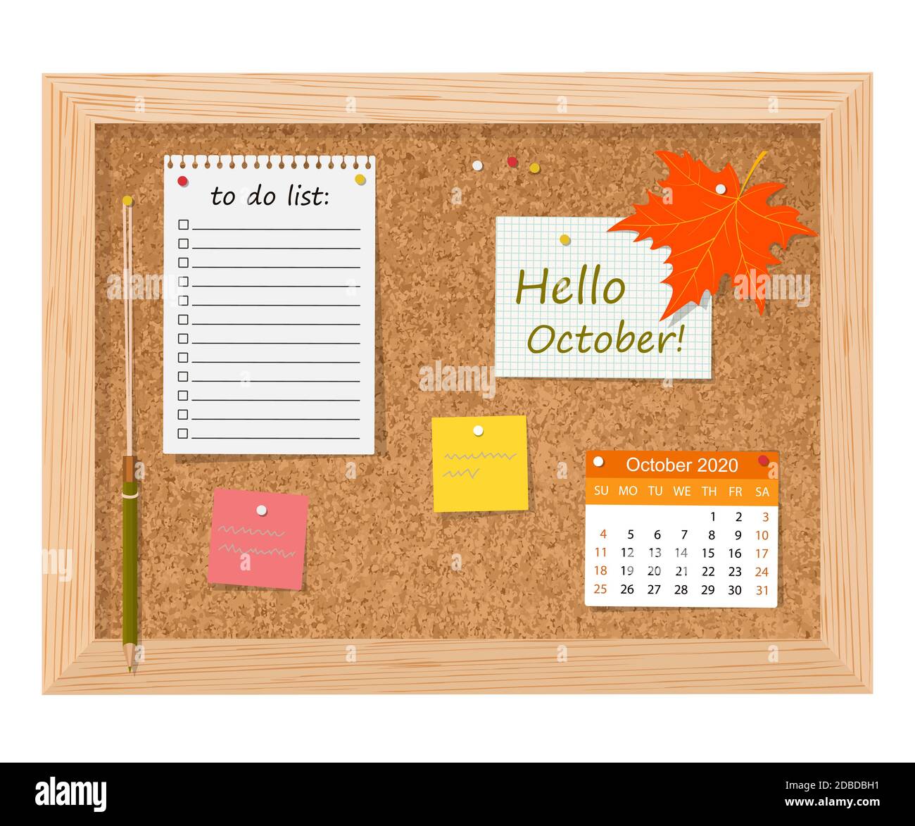 Calendar 2020. Hello, October! Cork board with to do list, adhesive