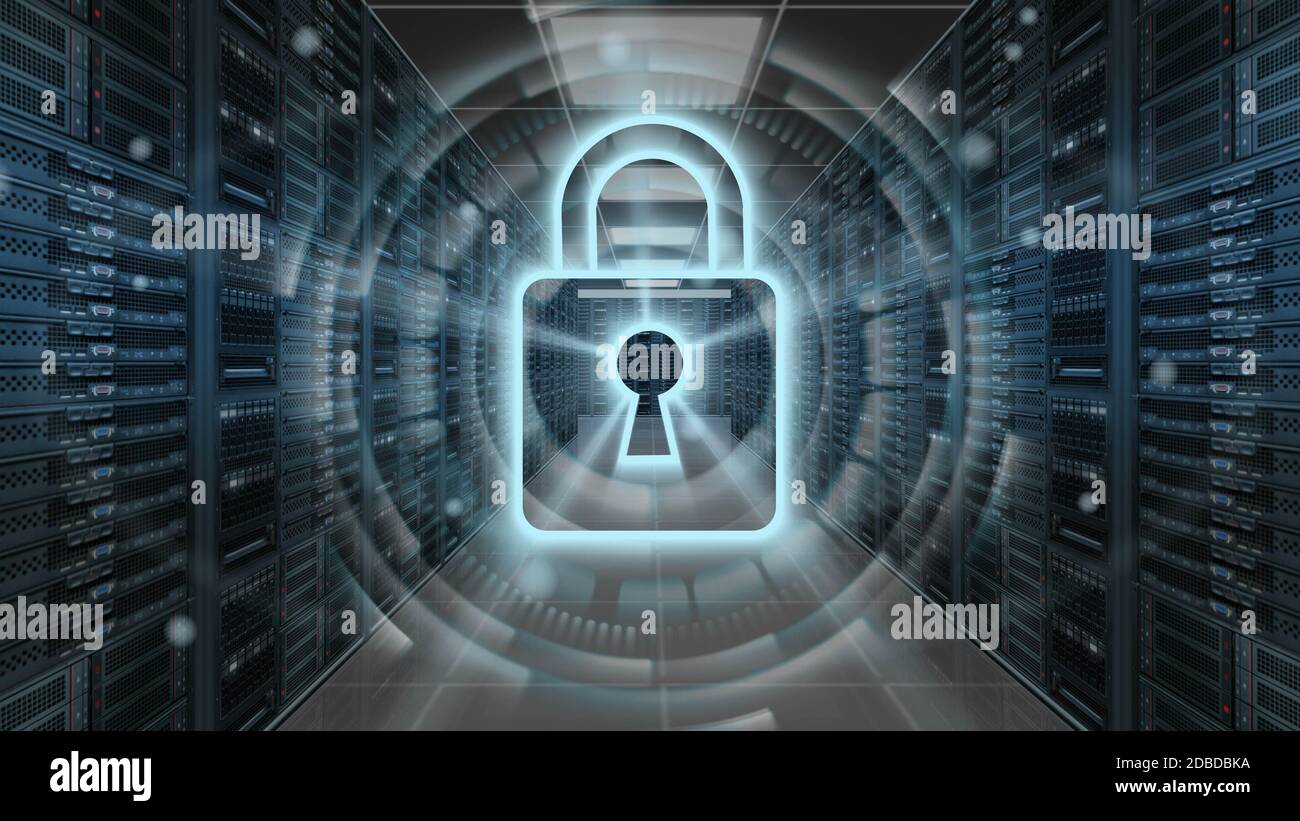 Digital security hologram with padlock on server room - Cyber security ...