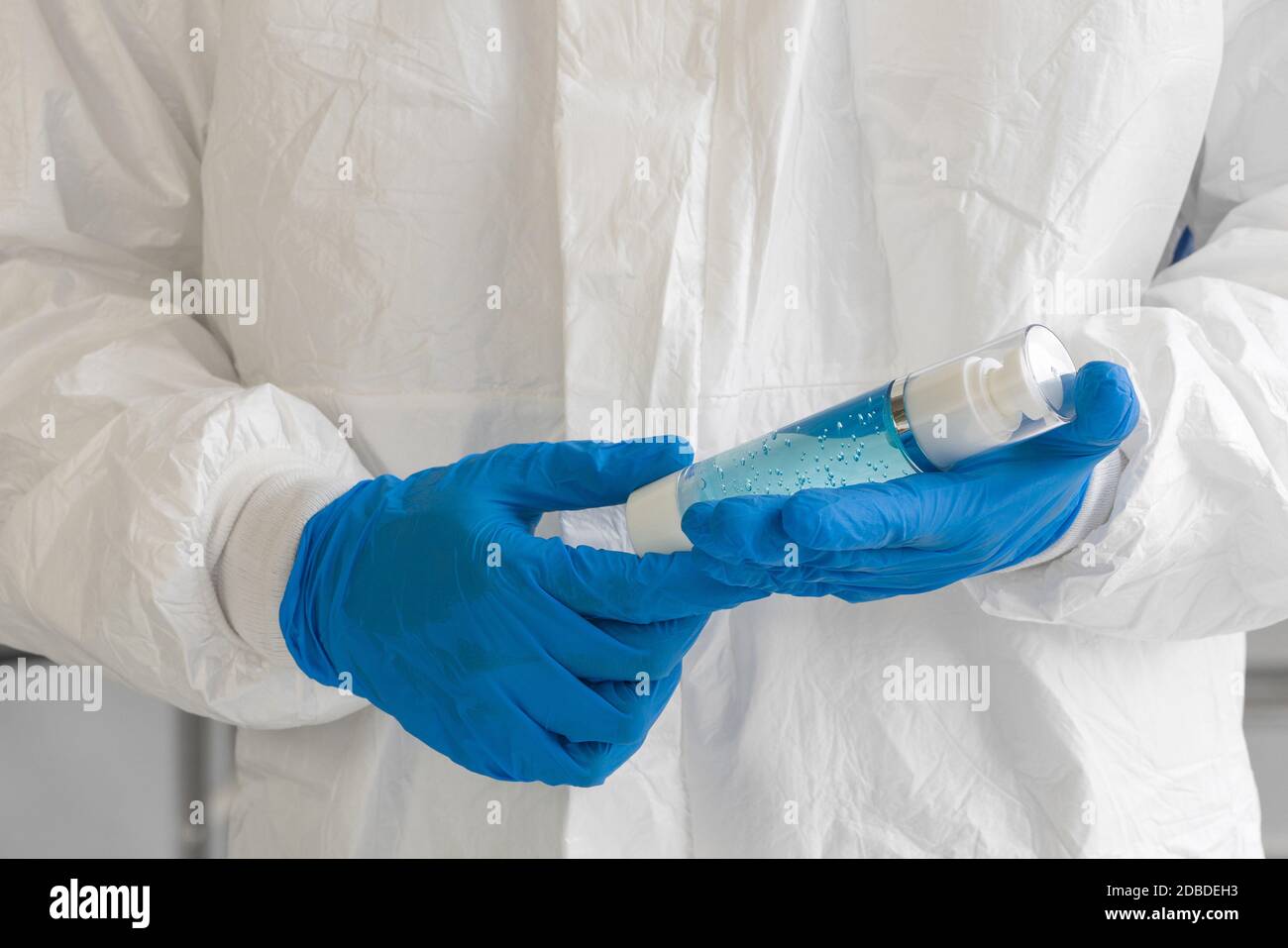 Hand Wash Gel Hygiene is packed in glass bottles by chemical experts. Stock Photo