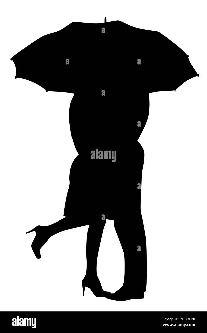 A courting couple, silhouette in the rain, kissing under an umbrella, during a downpour of rain. Stock Photo