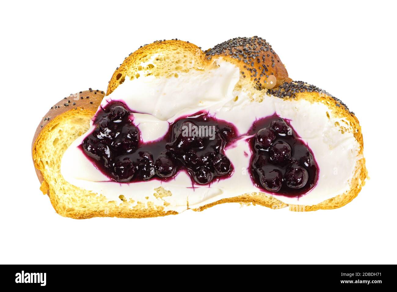 Top view of slice of challah bread with cheese and jam isolated on ...