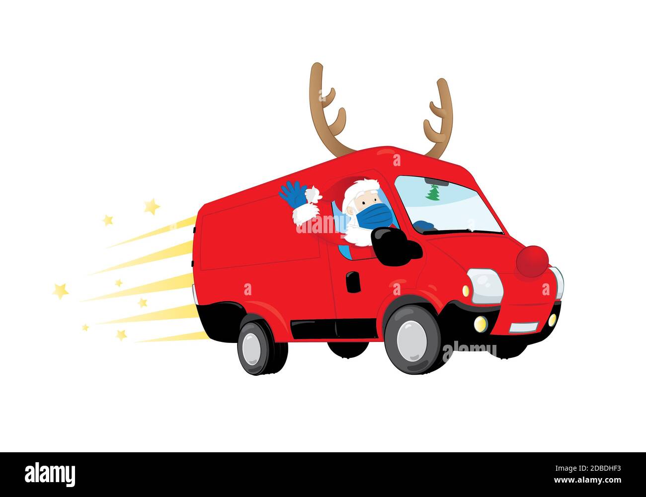 Funny Santa Claus wearing a surgical mask and gloves and driving a van  carrying presents. Safe Christmas concept Stock Photo - Alamy
