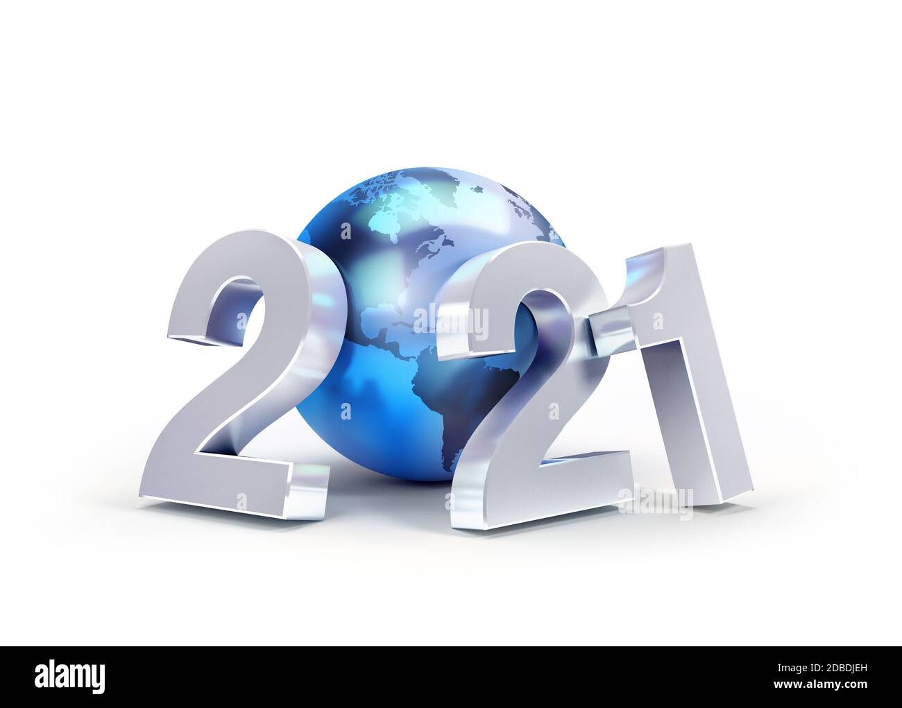 2021 New Year date number composed with a blue planet earth, focused on America, isolated on white - 3D illustration Stock Photo