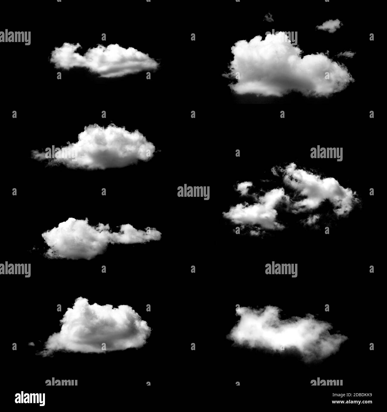 Set of isolated white clouds against black background Stock Photo - Alamy