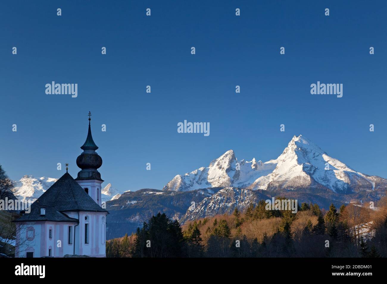 geography / travel, Germany, Bavaria, Berchtesgaden, steeple Mary soon outside of Watzmann (peak) in B, Additional-Rights-Clearance-Info-Not-Available Stock Photo