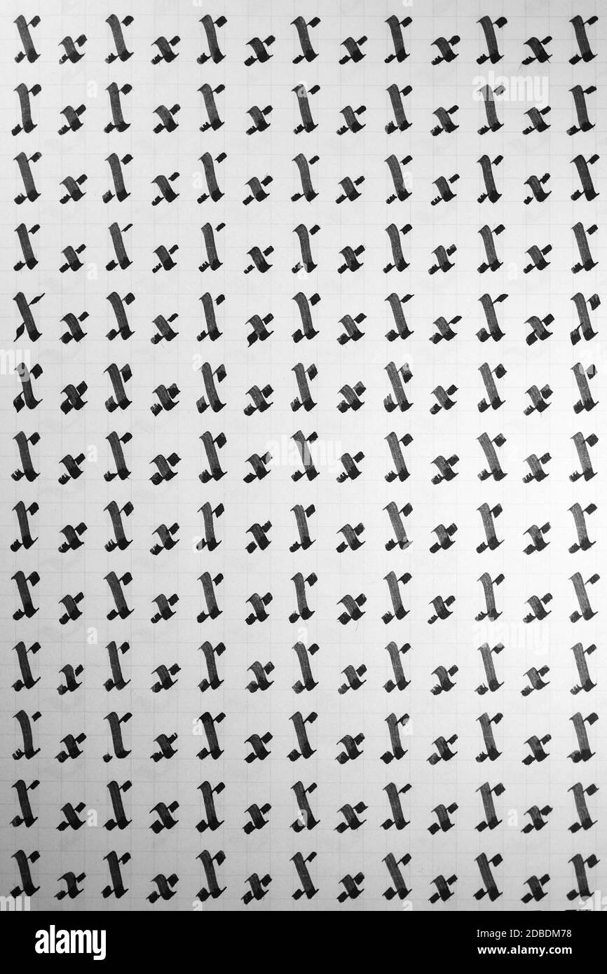 Handwriting black and white symbol filling pattern. Calligraphic letter X learning skills paper page. Calligraphy letters x background. Lettering prac Stock Photo