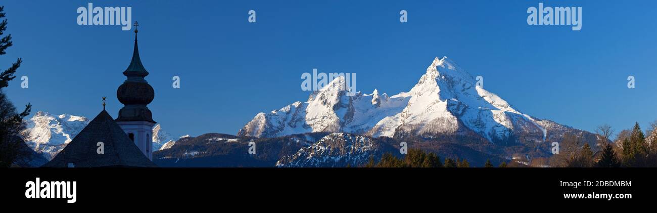 geography / travel, Germany, Bavaria, Berchtesgaden, steeple Mary soon outside of Watzmann (peak) in B, Additional-Rights-Clearance-Info-Not-Available Stock Photo