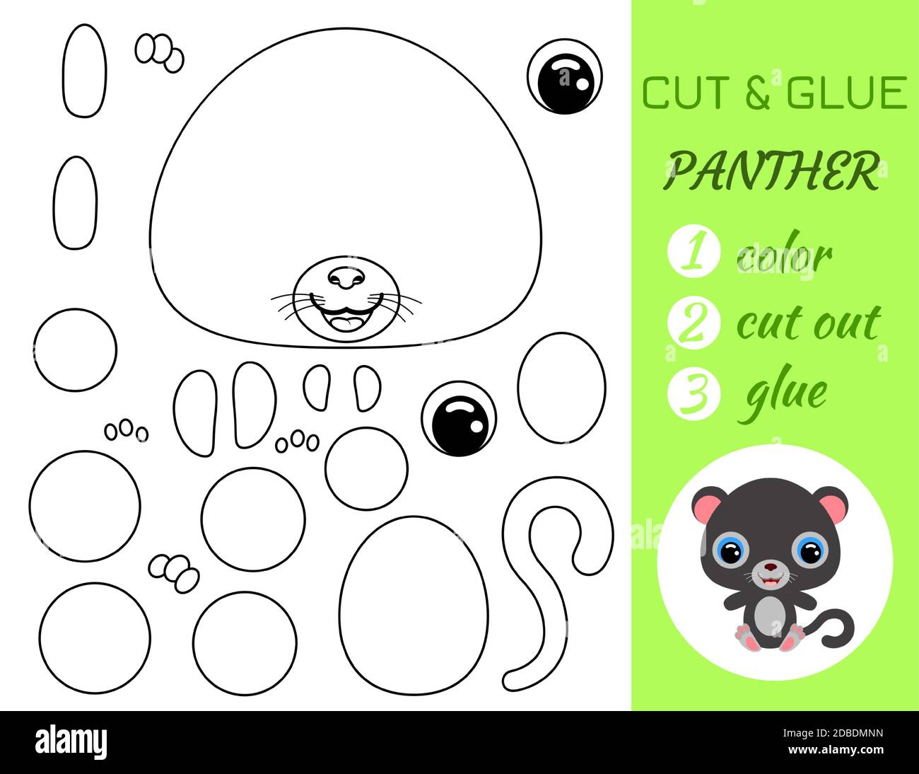 Simple educational game coloring page cut and glue sitting baby panther