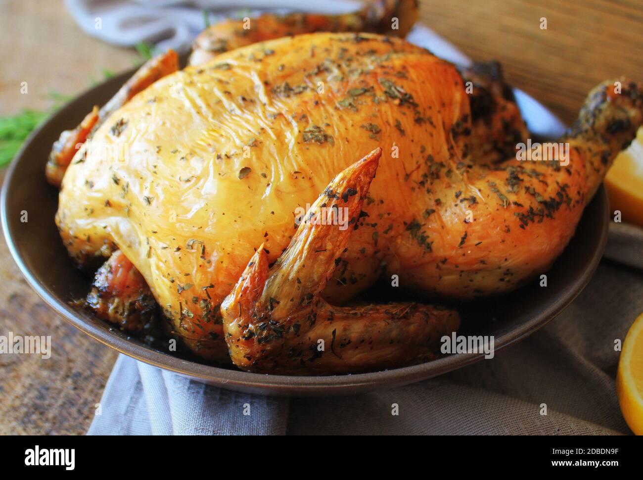 Roasted whole chicken or turkey for celebration and holiday. Christmas